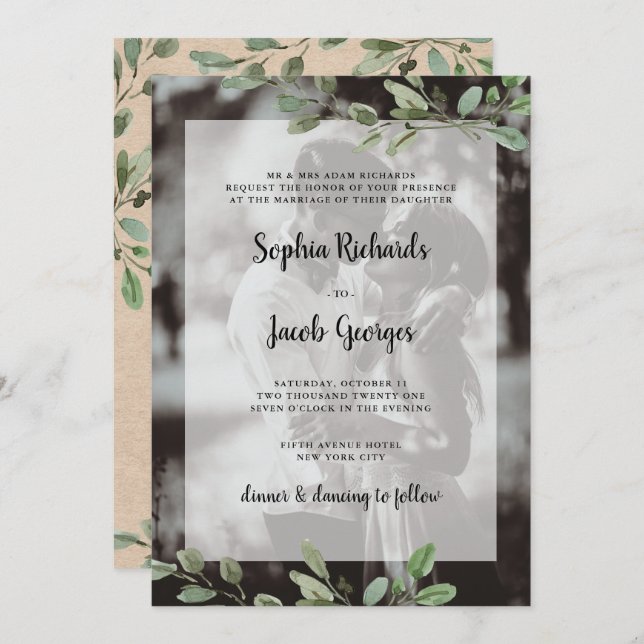 Simple Watercolor Greenery | Kraft Photo Wedding Invitation (Front/Back)