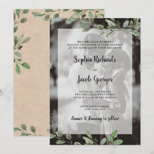Simple Watercolor Greenery Kraft Photo Wedding Invitation