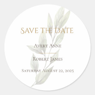 Simple Watercolor Greenery Modern Save the Date Classic Round Sticker
