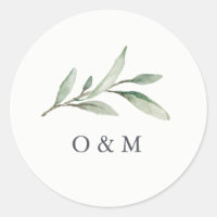 Simple Watercolor Greenery monogram Classic Round Sticker