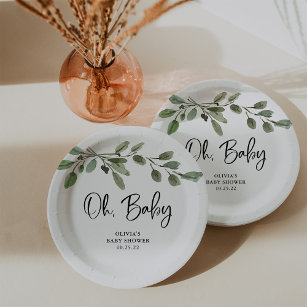 Simple Watercolor Greenery Oh Baby   Baby Shower Paper Plates