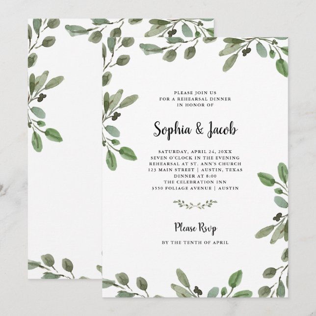 Simple Watercolor Greenery | Rehearsal Dinner Invitation (Front/Back)