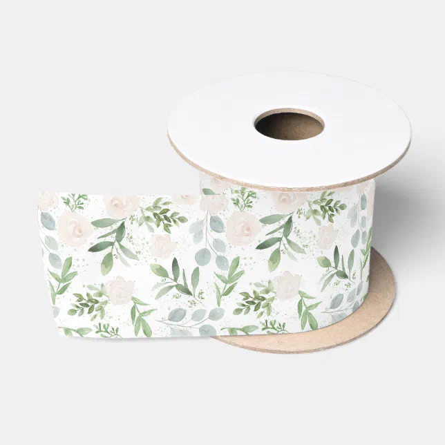 Simple Watercolor Greenery & White Flowers Pattern Satin Ribbon | Zazzle