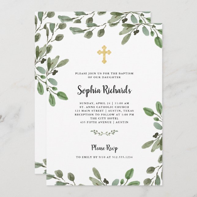 Simple Watercolor Greenery with Gold Cross Baptism Invitation (Front/Back)