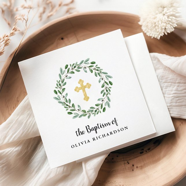 Simple Watercolor Greenery with Gold Cross Baptism Napkins (Creator Uploaded)