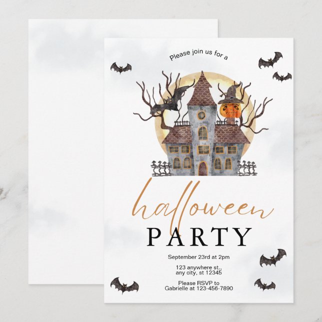 Simple Watercolor Halloween Party Invitation (Front/Back)