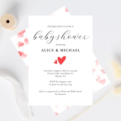 Simple Watercolor Heart Elegant Script Baby Shower Invitation