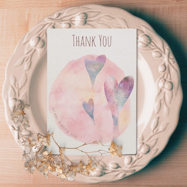 Simple Watercolor Hearts Thank You Card (Watercolor hearts Thank-you card in pretty pastels. Back has design as well.)