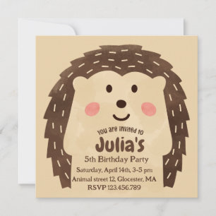 Simple watercolor Hedgehog Birthday Party Invitation