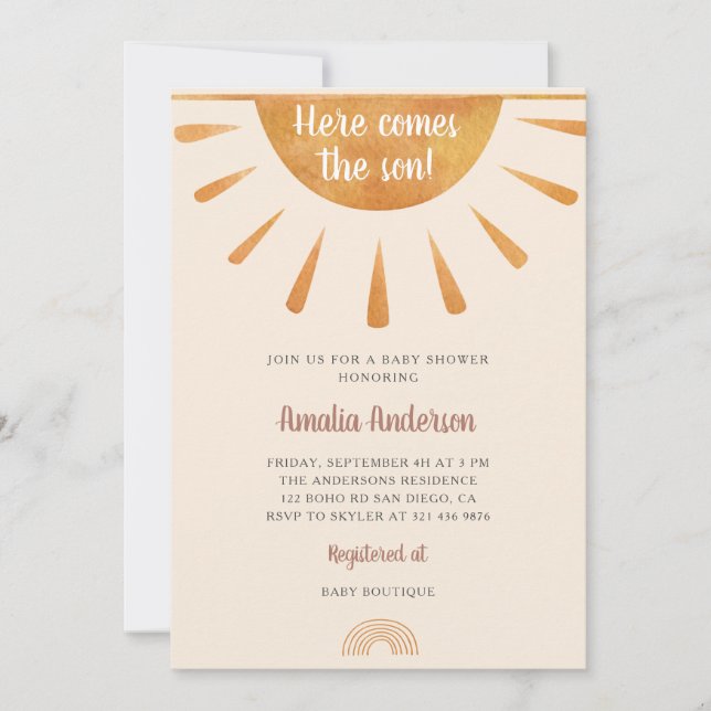 Simple Watercolor Here Comes the Son Baby Shower Invitation (Front)