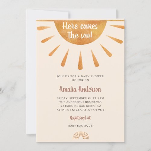 Simple Watercolor Here Comes the Son Baby Shower Invitation