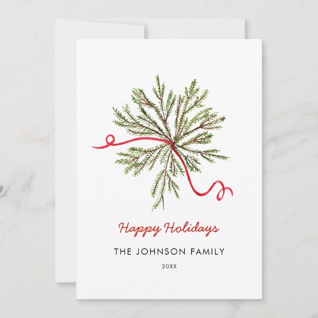 Simple Watercolor Holiday greenery with red bow Announcement (Front)