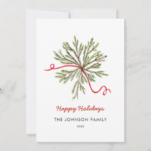 Simple Watercolor Holiday greenery with red bow Announcement