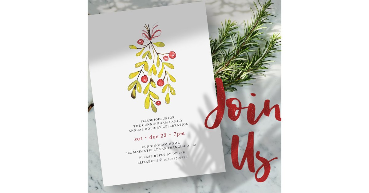 Simple Watercolor Holly and Berries Holiday Dinner Invitation | Zazzle