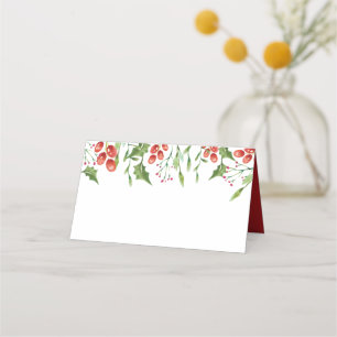 Simple Watercolor Holly Berry Foliage Holiday Place Card