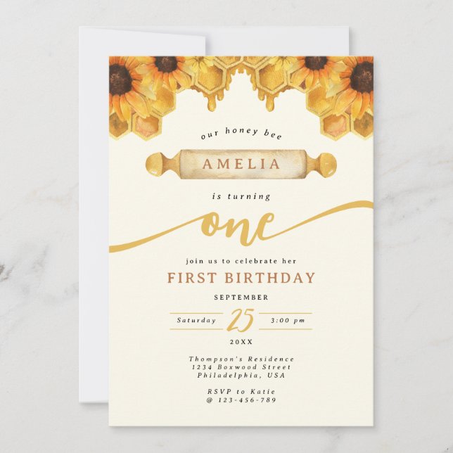 Simple Watercolor Honey Bee Sunflower 1st Birthday Invitation (Front)