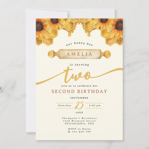 Simple Watercolor Honey Bee Sunflower 2nd Birthday Invitation