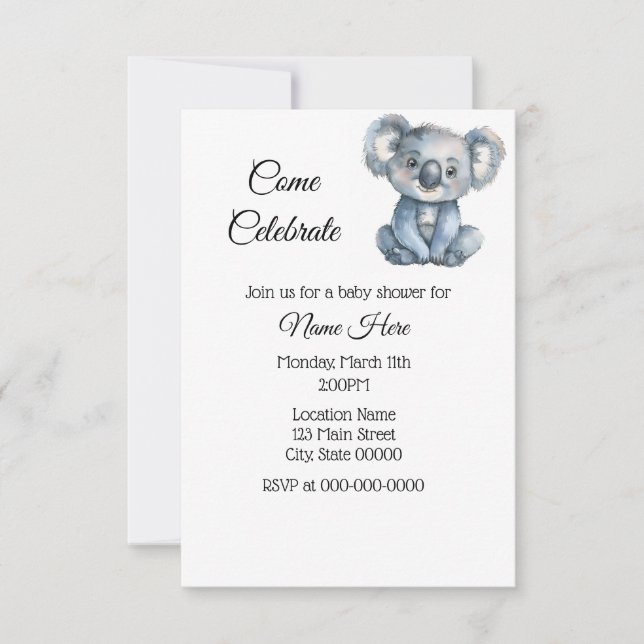 Simple Watercolor Koala Baby Shower Invitation (Front)