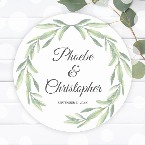 Simple Watercolor Laurel Wreath Greenery Wedding Classic Round Sticker