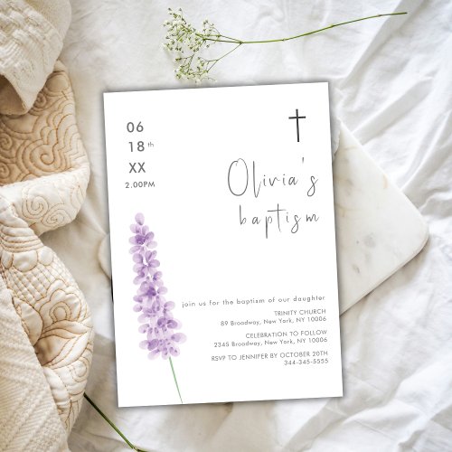 Simple Watercolor Lavender Flower Cross Baptism Invitation