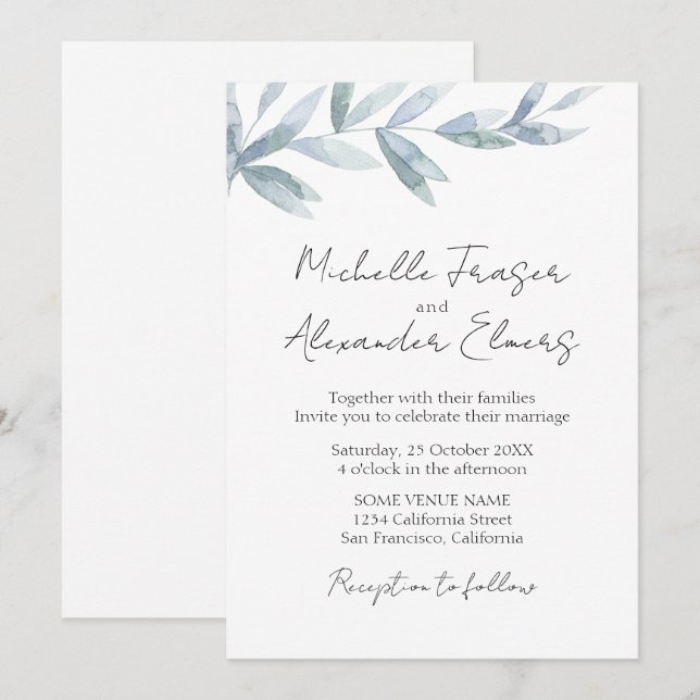 Simple watercolor leaves Elegant classic wedding   Invitation (Front/Back)