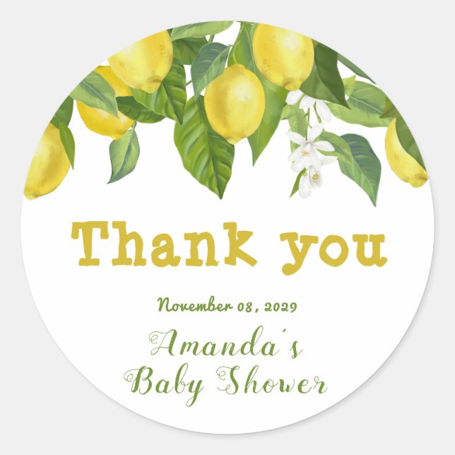 Simple Watercolor Lemon & Flowers Yellow White Classic Round Sticker (Front)