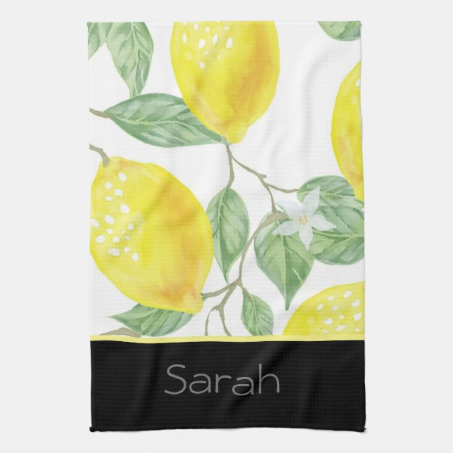 Simple Watercolor Lemon Leaves Black Monogrammed Kitchen Towel (Vertical)