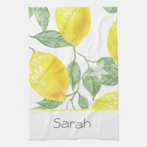 Simple Watercolor Lemon Leaves Monogrammed Kitchen Towel