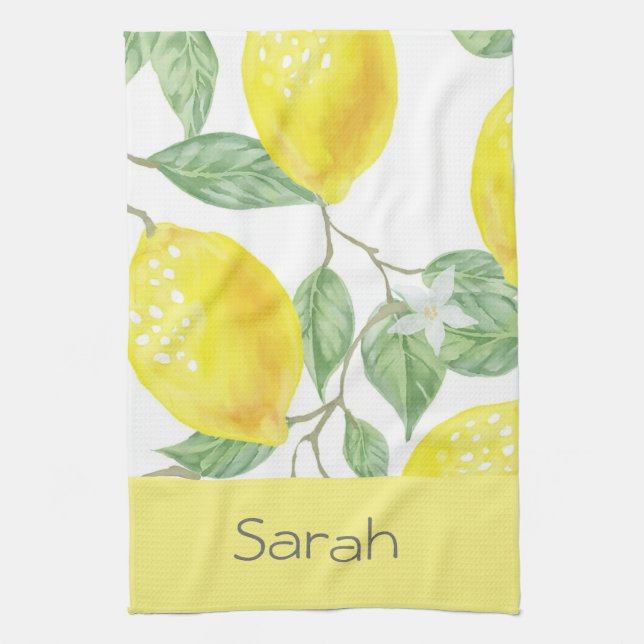 Simple Watercolor Lemon Leaves Yellow Monogrammed Kitchen Towel (Vertical)