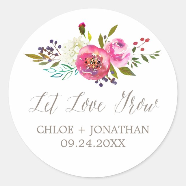 Simple Watercolor Let Love Grow Wedding Favor Classic Round Sticker (Front)