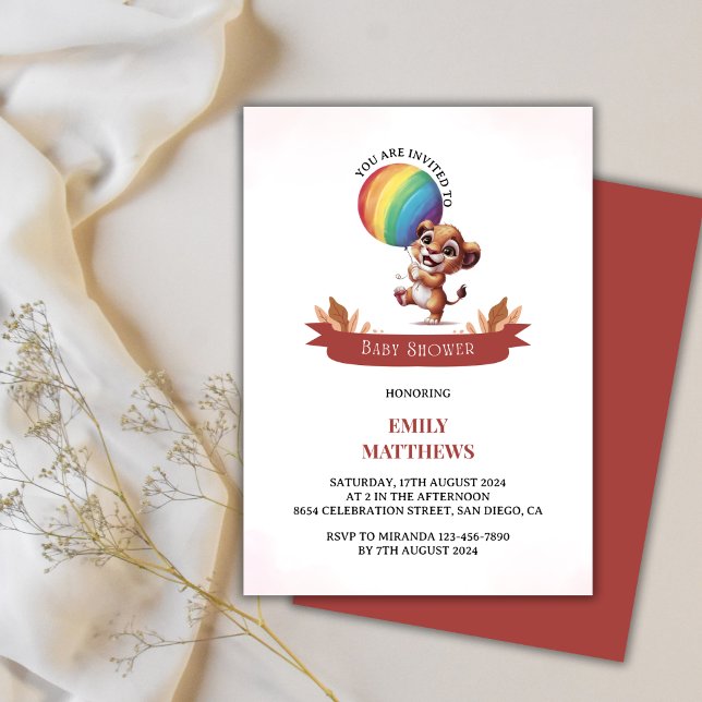 Simple Watercolor Lion Cub Balloon Baby Shower Invitation (Creator Uploaded)