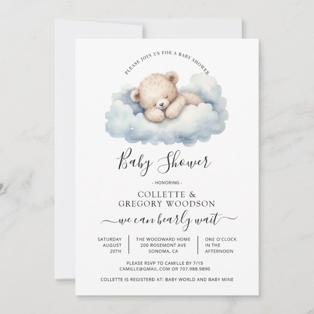 Simple Watercolor Little Bear Baby Shower Invitation (Front)