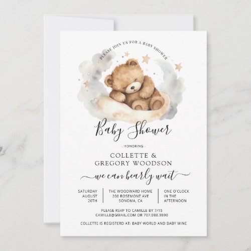 Simple Watercolor Little Bear Baby Shower Invitation