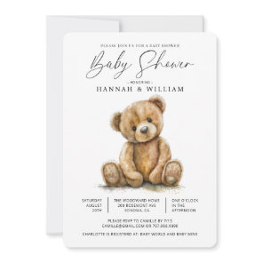Simple Watercolor Little Teddy Bear Baby Shower Invitation