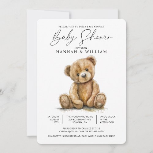 Simple Watercolor Little Teddy Bear Baby Shower Invitation