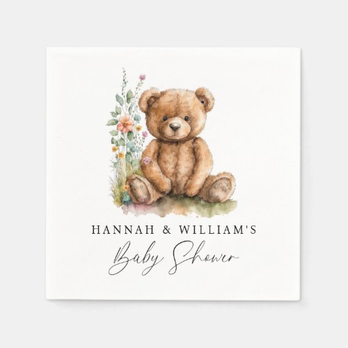 Simple Watercolor Little Teddy Bear Baby Shower Napkins