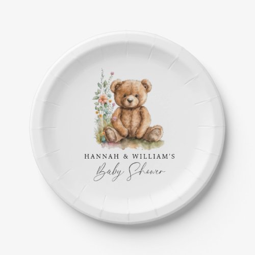 Simple Watercolor Little Teddy Bear Baby Shower Paper Plates