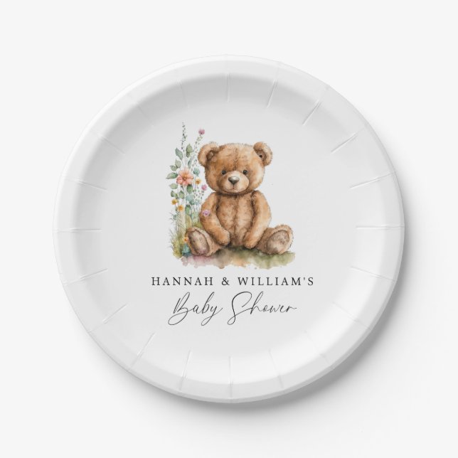Simple Watercolor Little Teddy Bear Baby Shower Paper Plates (Front)