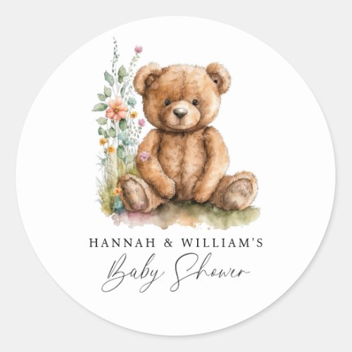 Simple Watercolor Little Teddy Bear Baby Shower We Classic Round Sticker