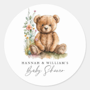 Simple Watercolor Little Teddy Bear Baby Shower We Classic Round Sticker