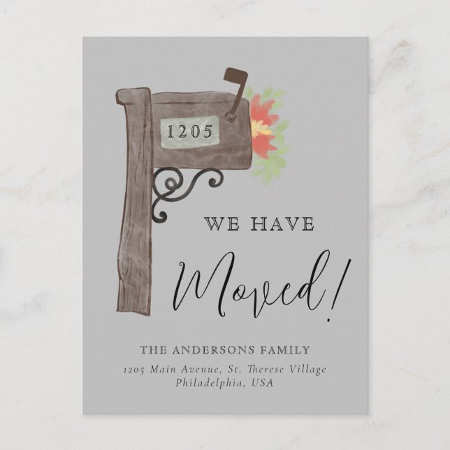 Simple Watercolor Mailbox New Home Moving Gray Announcement Postcard (Front)