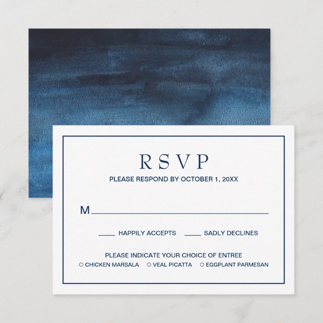 Simple Watercolor Meal Navy Blue Wedding RSVP Card (Front/Back)