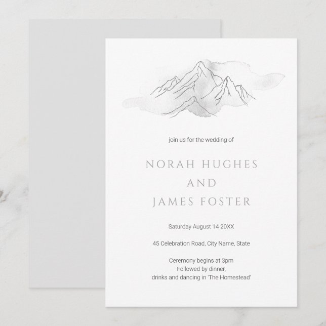 Simple Watercolor Mountain Scenic Nature Wedding Invitation (Front/Back)