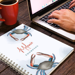 Simple Watercolor Nautical Ocean Blue Crab Seaside Notebook
