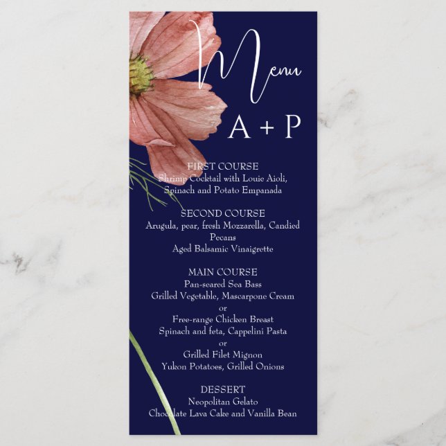 Simple Watercolor Navy Floral Wedding  Menu (Front)