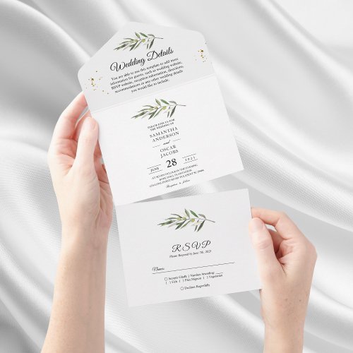 Simple Watercolor Olive Green Branch All In One Invitation