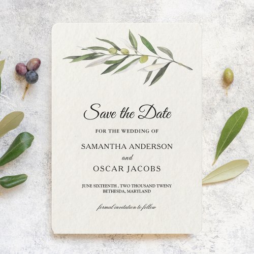 Simple Watercolor Olive Green Branch Save The Date
