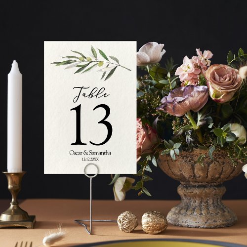 Simple Watercolor Olive Green Branch Table Number
