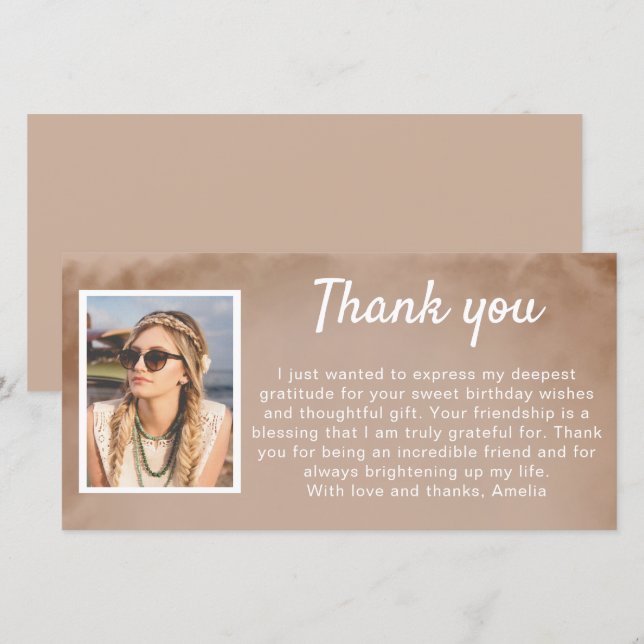 Simple Watercolor Photo Birthday  Thank You Card (Front/Back)