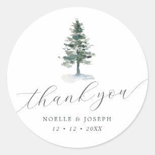 Simple Watercolor Pine Tree Thank You Wedding Classic Round Sticker